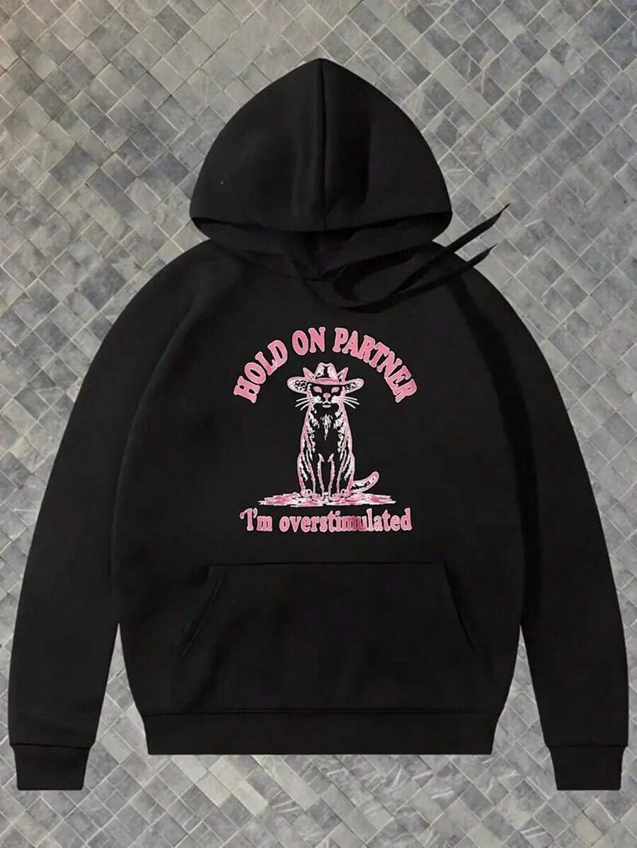 Bold On Partner Men'S Black Hoodie With Pink "Hold On I'm Overstimulated" Graphic Print & Cat Design - Soft Cozy Pullover Sweatshirt, Adjustable Hood, Casual Urban Streetwear For Fall/Winter, Men'S Fashion, Lounge & Casual Attire,Fall Hoodies,Men's Fall Clothes,Street Wear,Halloween,Mens Hoodies,Y2k Clothes,Jesus Hoodie,Thanksgiving Day,Nightmare Before Christmas,Christmas - Black - View 1