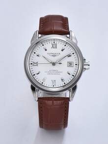 LONGLUX 1pc Men's Waterproof Self-Winding Mechanical Watch With Luminous Dial, Business Leather Band