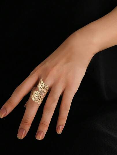 1 قطعة خاتم بفتحة واسعة بشكل ورقة شجرة مجوفة بطراز بوهيمي عتيق، مناسب للارتداء اليومي، المواعيد، مهرجانات الموسيقى