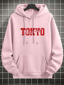 Men's Casual Fashionable Versatile Street Racer Element Slogan Print Kangaroo Pocket Drawstring Hoodie, Autumn/Winter - Pink - View 2