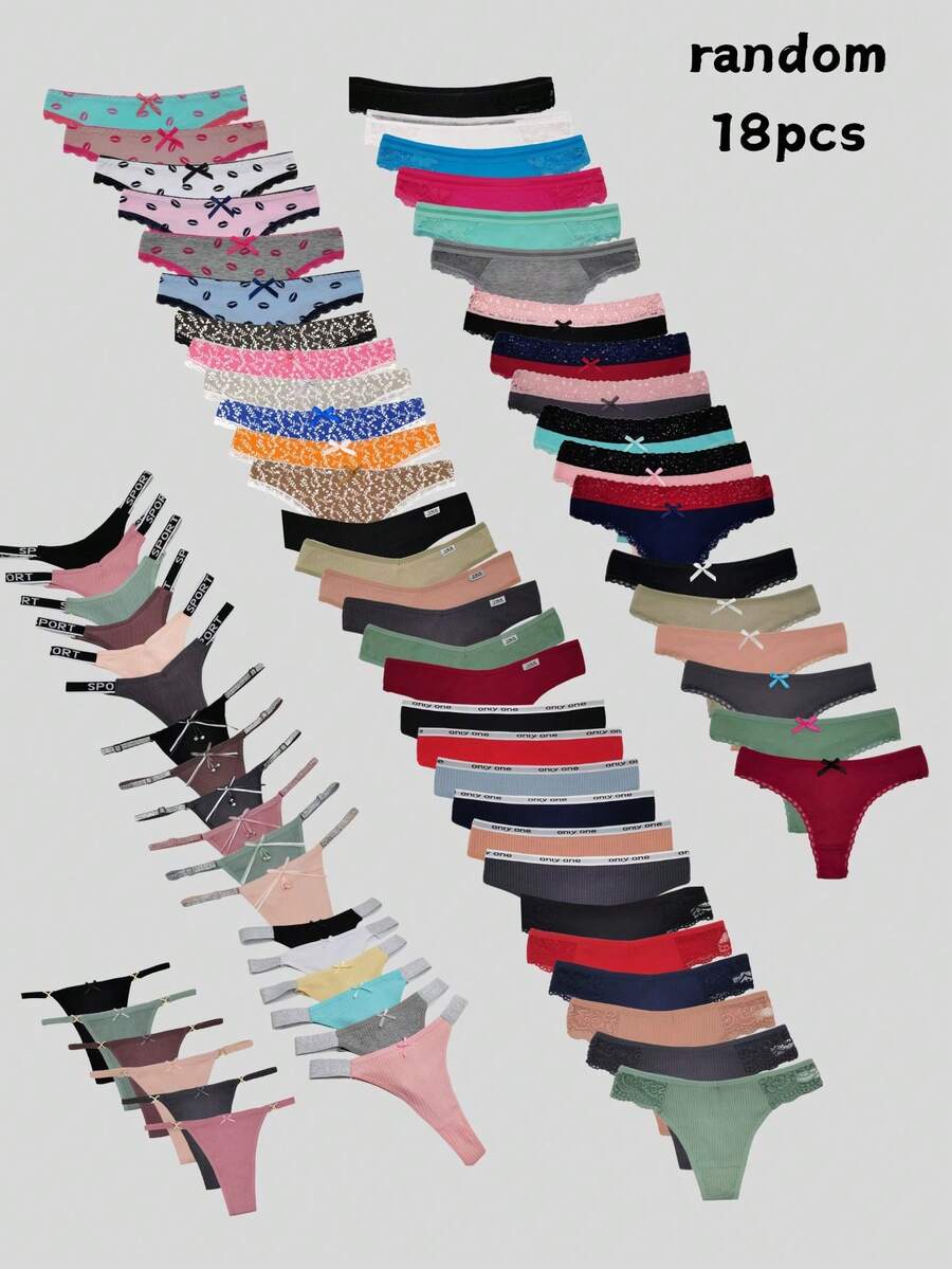 18pcs/Pack Randomly Assorted Low Rise Cotton Lace Sexy Comfortable Tanga Thongs For Women - 混合色 - 查看 1
