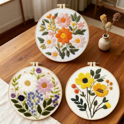 Embroidery Starter Kit - Complete Cross Stitch DIY Set, Includes Tools, 3 Floral Patterns, High-Definition Printed Fabric, Instruction Manual, Home Decor