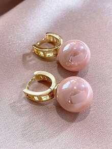 1pair Fashionable Pink Bead Decor Hoop Earrings Women Party - Hồng - Xem 2