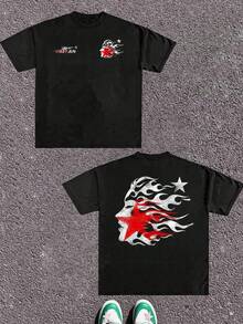 1pcs Men's 100% Cotton Edgy Flaming Face Star Distressed Grunge Double Sided Digital Printed T Shirt Streetwear Hip Hop Urban Oversized Retro Casual Graphic Tee Youth Culture Bold Fashion Statement Apparel - 黑色 - 查看 1
