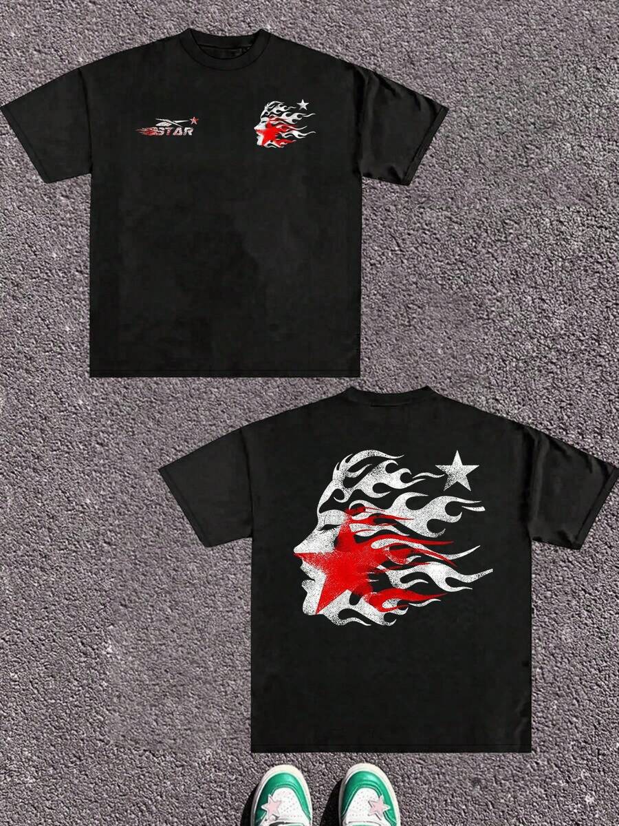 1pcs Men's 100% Cotton Edgy Flaming Face Star Distressed Grunge Double Sided Digital Printed T Shirt Streetwear Hip Hop Urban Oversized Retro Casual Graphic Tee Youth Culture Bold Fashion Statement Apparel - 黑色 - 查看 1