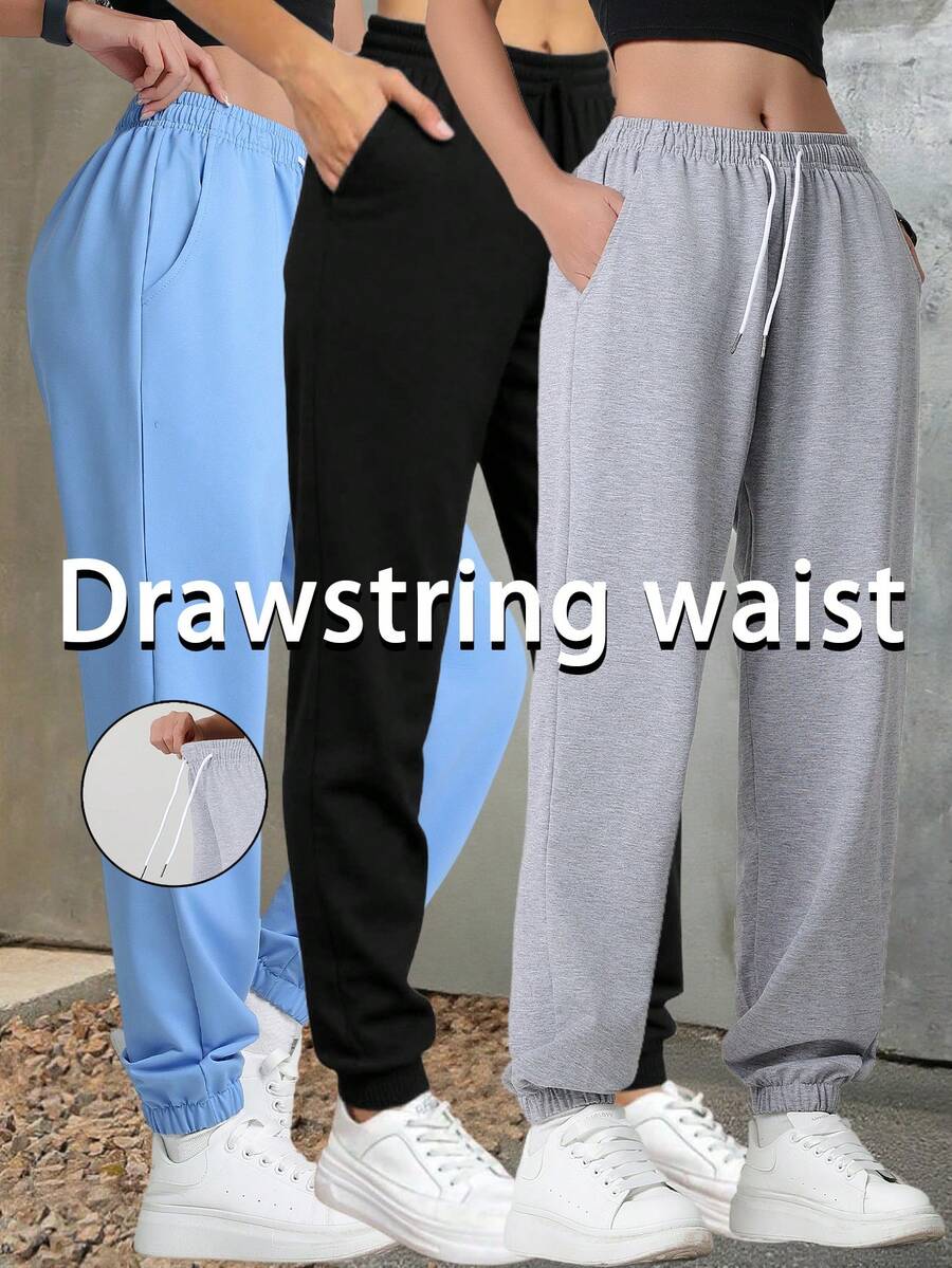 3Pcs Women'S Solid Color Lightweight Elastic Waist Sports Jogger Pants, Casual Solid Color Trousers With Pockets, Suitable For Running, Hiking, Graduation, Back To School, Fitness, Ideal Gift Tights - 彩色 - 查看 1