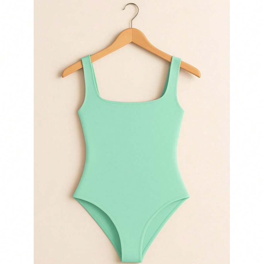 Women's Bori Bodysuit Square Neck Tank Top Thick Strap Basic Casual Blogger Suplex Various Colors Spring Summer - 薄荷綠 - 查看 1