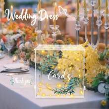 1 set cutie poștală acrilică pentru nuntă cu încuietoare, cutie poștală acrilică pentru nuntă cu coroană de eucalipt aurie, cutie pentru plicuri de bani pentru nuntă, potrivită pentru nuntă, logodnă, ziua de naștere, petrecere de absolvire, decorare de petrecere cu cadouri de botez