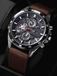 New Fashion Men's Calendar Leather Belt Business Quartz Watch, Outdoor Sports Versatile Casual Minimalist Fake Three-Eye Male Wrist Watch, Holiday Gift