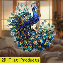 Captor de lumini 2D plat în formă de păun - cu decor cu lanț agățat, nu necesită electricitate - decorațiune elegantă pentru casă, birou, grădină, curte - cadou perfect pentru iubitorii de păsări, casă nouă, nuntă - decor cu animale în stil boem, efect de vitraliu albastru-verde-auriu, design de captare a luminii, 2D plat