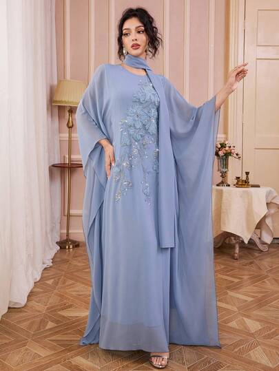 Solessence 女士圆领纯色蝙蝠袖，腰部附抽绳，刺绣花卉贴花，染色蕾丝花边，手工花卉装饰，优雅长款超长连衣裙，适合节日和日常穿着，阿拉伯风格