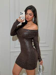 Vaiaye Women's Sexy Elegant Tight Off Shoulder Sparkling Dress, Suitable For Autumn And Winter Wear