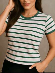 Women's T-Shirt Babe Look Striped Round Neck Basic  Premium Summer Fashion - 軍綠色 - 查看 5