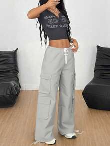 女士时尚抽绳纯色运动裤，大口袋，工装裤 - 灰色 - 查看 3