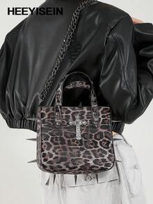 HEEYISEIN-Damen Y2K Leopard Nieten Schnallen Schultertaschen Punk Doppelriemen Clutch Geldbörsen