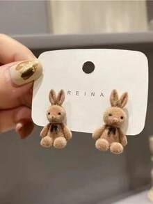 1 Pair Of Women's Sweet Fluffy Cartoon Studs: 3D Flocked Bunny, Simple Cute Earrings , 3D Simple Cute Studs: Flocked Bunny, Women's Sweet Fluffy Cartoon Ear Accessories - 棕色 - 查看 7
