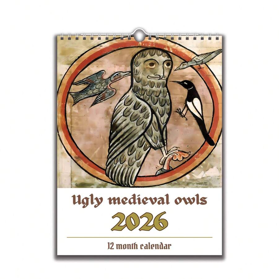 2026 有趣的中世纪猫头鹰绘画日历，动物主题复古墙面装饰日历，带每日、每周、每月视图，办公室和家庭悬挂月历，适合宠物爱好者，圣诞节和新年礼物 - 2026年貓頭鷹掛曆 - 查看 1