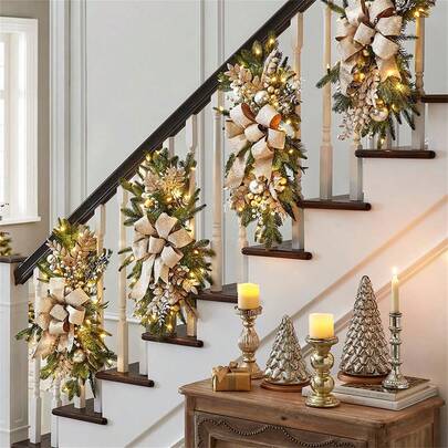 1pc Set Christmas Stair Decor - Festive Flocked Garland With Tear Drop Ornaments For Stairs, Front Door & Window - Perfect Holiday Home Accent Home Decor Christmas Decorations Room Decor