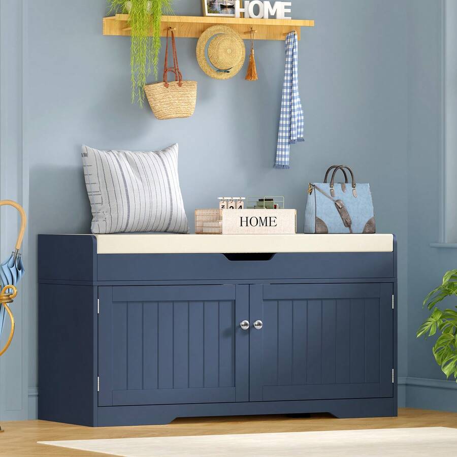 36,2-Zoll-Schuhbank mit anhebbarem Stauraum, Aufbewahrungsbank mit gepolstertem Sitzkissen, Eingangsbank mit 2 verstellbaren Regalen, für Eingangsbereich, Wohnzimmer, Schlafzimmer