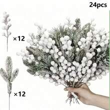 12 pezzi Rami artificiali di cedro con bacche rosse - Aghi realistici grigiastro-verdi simili al pino, per ghirlande fai-da-te, mazzolino, decorazioni per albero di Natale, per decorazioni natalizie e del Ringraziamento