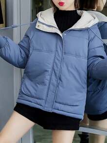 Abrigo corto de invierno para mujer, corte holgado, tallas grandes, chaqueta acolchada gruesa, con cremallera y capucha, diseño con bloques de color Abrigos de Invierno para Mujer - Azul - Ver 3