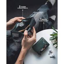 portafolios minimalista de piel con bloqueo de RFID con banda elstica, soporte delgado para tarjetas de crdito con 3 ventanas de identificacin y bolsillo con cierre, Verde, Minimalista - Verde - Ver 4