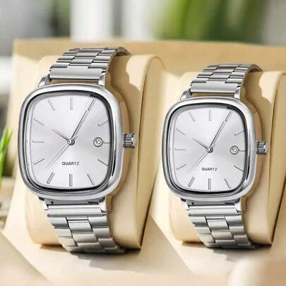 2 件时尚商务情侣手表，简约休闲，带日期显示和不可调节表带，是送给女性和男性的最佳礼物，适合日常佩戴、婚礼和派对