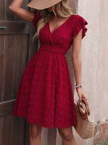 雪纺褶皱绒球V领连衣裙，120克梭织面料，梦幻飘逸，仙女风夏季连衣裙 - 紅色 - 查看 3