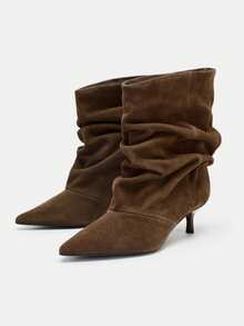 Nuevas botas cortas puntiagudas de otoño/invierno para mujer en color marrón, botas de media pantorrilla de ante con tacón de gatito, ajuste delgado, botas de montar - Óxido marrón - Ver 8