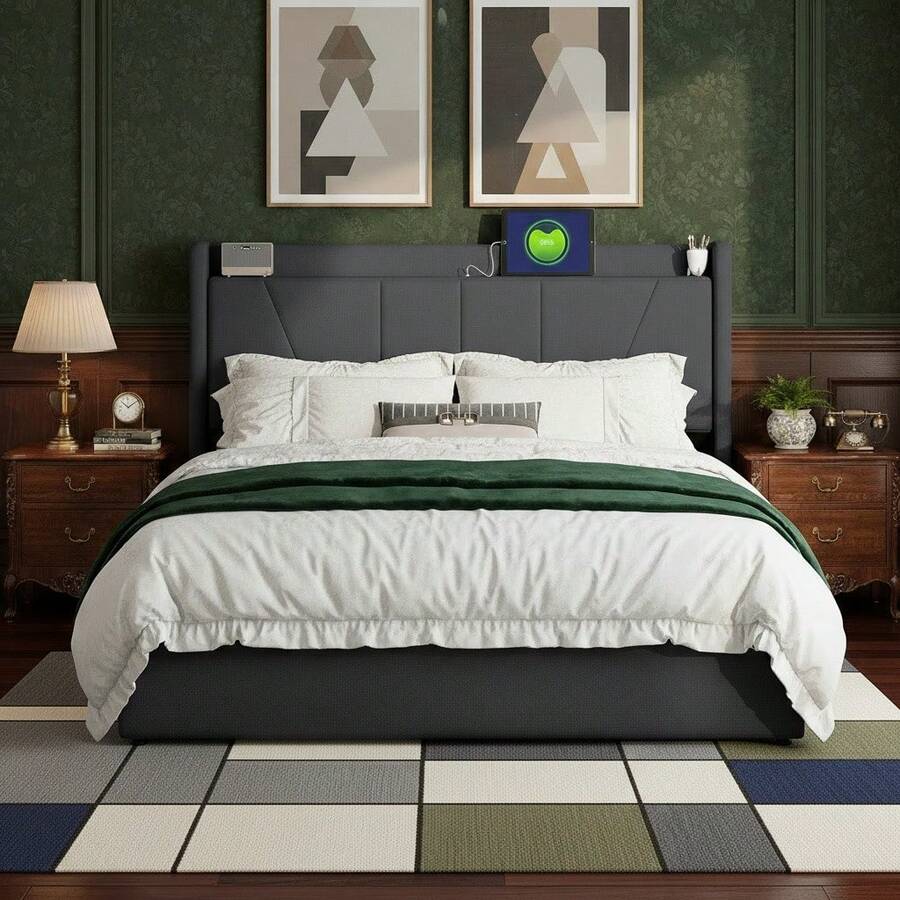 MISNODE Upholstered Bed, Double Bed 140x200/160x200 Cm, Youth Bed With Hydraulic Storage And Slatted Frame, Metal Frame, Modern Bedroom Storage Bed, Without Mattress, Grey, Linen, Suitable For Adults And Teenagers - 灰色 - 查看 1