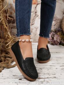 أحذية لوفر أساسية للنساء ذات لون أحادي، أنيقة للتنقل، أحذية كاجوال مريحة بتصميم أصابع قدم مستديرة، مانعة للانزلاق، سهلة الارتداء، مناسبة للربيع والخريف