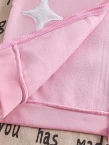 Tween Girl 1pc Y2K Streetwear Comfortable, Flocked Star Pattern, Pink Fluffy Detail Hoodie Coat, Casual Streetstyle - Pink - View 6