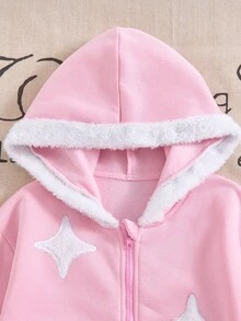 Tween Girl 1pc Y2K Streetwear Comfortable, Flocked Star Pattern, Pink Fluffy Detail Hoodie Coat, Casual Streetstyle - Pink - View 3