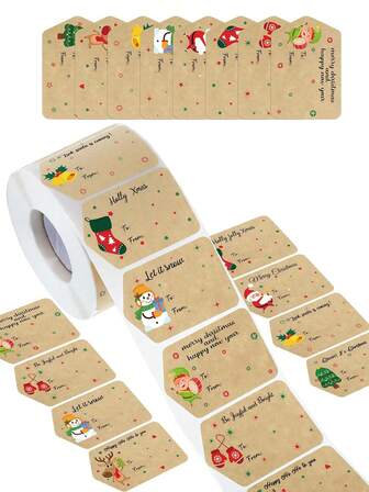 1 Roll/500pcs Christmas Gift Label Stickers, Cartoon Snowman Reindeer Stickers, Holiday Gift Decorations, Christmas Gifts, Christmas Party Greetings, Signature Stickers