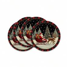 4/6/8 pièces Sets de table de Noël - Série bleue d'hiver de Noël, sapin de Noël, couronne, Père Noël, motif floral, sets de table, lavage à la main uniquement, décoration de table à dîner ronde d'hiver, décoration de cuisine et de salle à manger pour fête - 36 cm