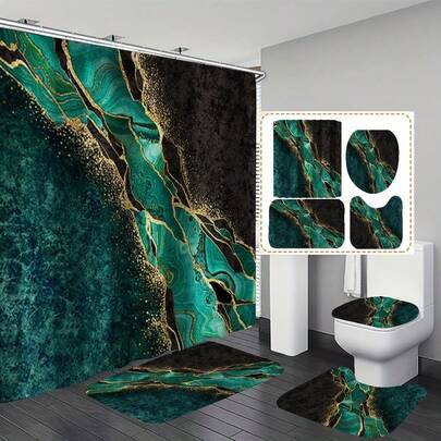 4pcs/Set Green Marble Bathroom Set - Waterproof Shower Curtain With Hooks, Non-Slip Bath Mat, U-Shaped Mat, Lid Cover - Fashionable Bathroom Decor, Multiple Sizes Available