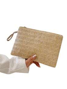 1 geantă elegantă de damă din paie țesută, cu închidere cu fermoar, poșetă în stil boho pentru plajă de vară, capacitate mare, perfectă pentru plajă sau ieșiri casual, pentru telefon, monede, depozitare chei