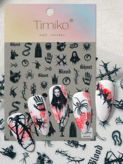 1 Stück Premium Gothic Stil Nagelkunst Aufkleber, 3D geprägtes Design mit Dämon, Fledermaus, Höhlenmensch, Kreuz, mysteriösen Symbolen und anderen Horror-Elementen, geeignet für persönliches DIY und Nagelstudio-Verwendung