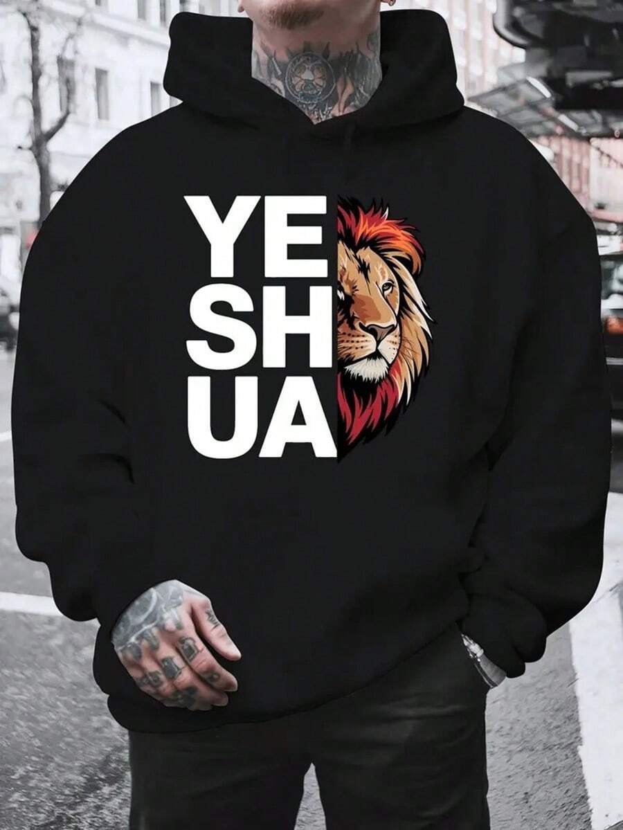 YE SH UA Men'S Black Lion Graphic Hooded Sweatshirt - Plush Warm Pullover With "YESHUA" Print, Classic Round Neck, Regular Fit Casual Outdoor Sweater For Autumn Winter, Durable Non-Stretch Fabric, Ideal Gift For Men (American Fashion Statement Piece), Streetwear Style, Urban Streetwear, Highquality Print, Soft Material, Printed Hoodie, Adult Clothing, Young Adults,Fall Hoodies,Men's Fall Clothes,Street Wear,Halloween,Mens Hoodies,Y2k Clothes,Jesus Hoodie,Thanksgiving Day,Nightmare Before Christmas,Christmas - 黑色 - 查看 1