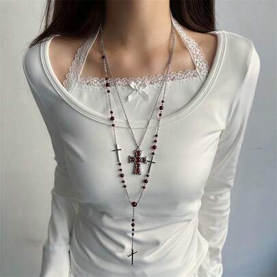 1 Peça Colar Pingente de Camada Dupla com Cruz e Contas de Vidro em Estilo Gótico Chique