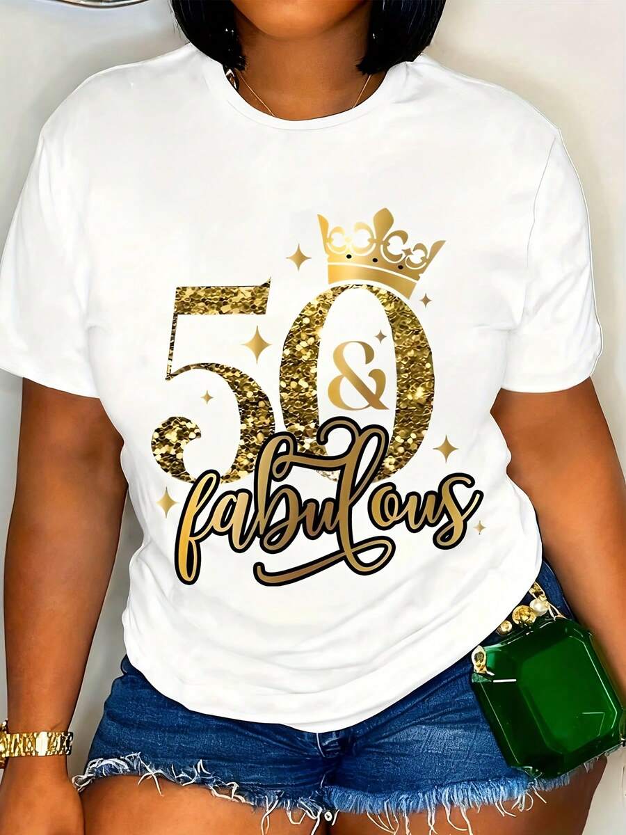 50 & Fabulous Birthday Shirt For Women - Gold Glitter Crown Design 50th Birthday T-Shirt, Fun Celebration Tee For 50 Year Old Woman, Party Gift For Her - 白色 - 查看 1