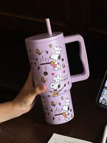 1pc Snoopy 900ML Large Capacity Insulated Tumbler, Outdoor Portable Travel Cooling Water Bottle, Stainless Steel Car Cup, Coffee Mug With Stainless Steel Straw - Multicolor - View 14