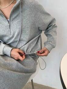 Conjunto otoñal vintage de estilo minimalista con sudadera con capucha de manga larga, cordón y media cremallera + falda recta con abertura trasera Ropa Dos piezas para Mujer - Gris - Ver 6