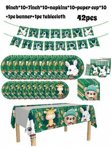 Cartoon Animal Jungle Theme 1/42/60/80/100 Disposable Tableware Set, Including 7-Inch Paper Tray, 9-Inch Cardboard, 9-Ounce Cup, Napkins, Suitable For Daily Gatherings, Birthday Parties, Bridal Showers, Baby Showers, Clubs