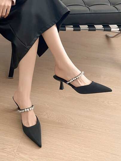 优雅水钻装饰绑带穆勒凉鞋，尖头高跟，时尚精致，适合派对、通勤、秋季穿着，猫跟