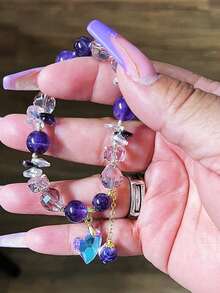 1pc Elegant Bohemian Amethyst Crystal Bracelet With Heart Pendant - Luxurious, Sparkling, Non-Plated Stretch Bracelet Perfect For Women Girls Girlfriend Valentines,Mom,Mother,Mother's Day, Birthday,Anniversary,Wedding & Parties, Daily Wear