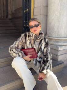 Women's Faux Fur Leopard Print Coat, Elegant & Chic Fuzzy Outerwear, Versatile For Daily Wear, Autumn/Winter - Multicolor - View 5