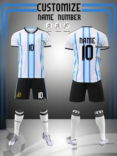 2pcs Argentina Football Jersey, Customized Soccer Uniform, 2526 Football Shirt, Men's Personalized Football Uniform, Men's Sports Suit, Running Outfit, Summer Men's Set, Men's T-Shirt Set, Football Jersey, Personalized Football Uniform, Football Jersey With Number Printing, Suitable For Football, Badminton, Basketball, Cycling
