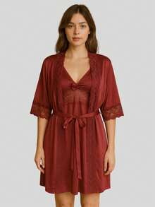 Luxury Romantic And Lace Robe Comfortable Bathrobe Night Line Bride And Maternity - Burgundy - View 1