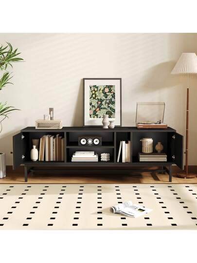 150cm TV St Contrasting Zwart Wood Versatile Storage Space, Including Cabinets, Horizontal Vertical Compartments, Moderne Minimalist view 6